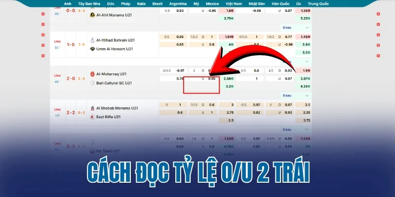 Cách đọc tỷ lệ O/U 2 trái