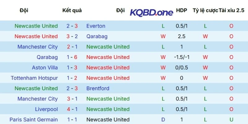 Kết quả tranh tài của Newcastle United