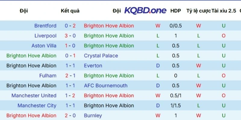 Thống kê thành tích 5 trận gần đây nhất của Brighton